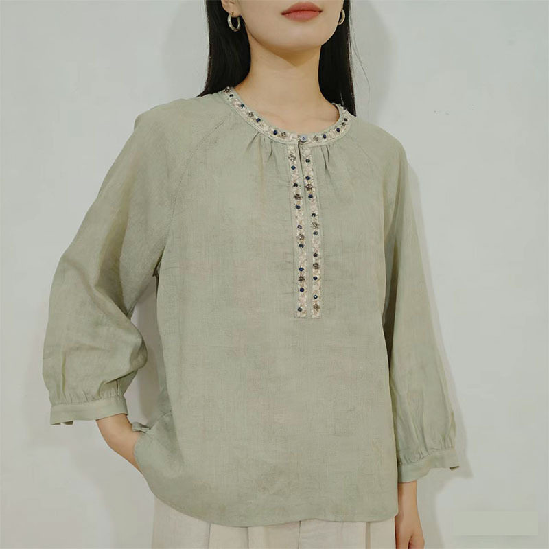 通勤苎麻衬衫法式七分袖衬衫女夏季通勤正装慵懒风休闲文艺上衣潮