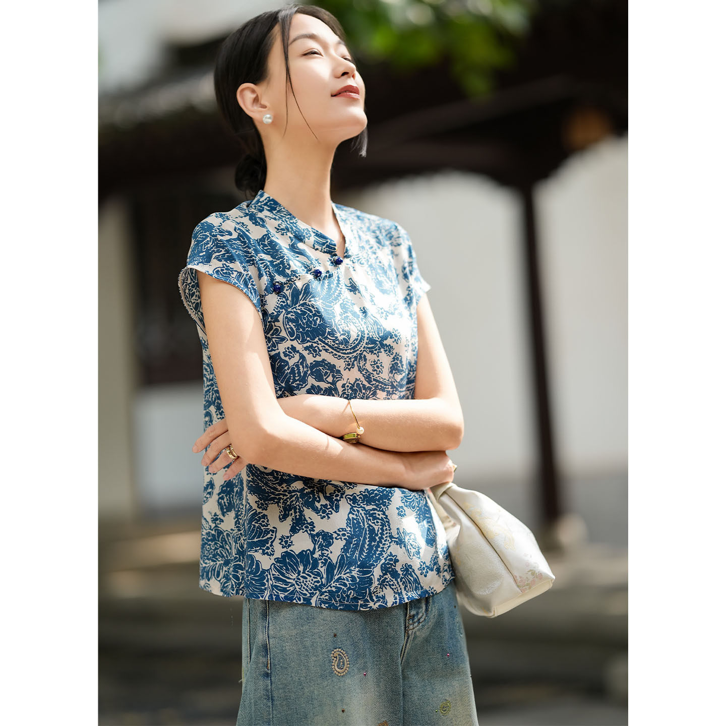 真丝双绉100%桑蚕丝新中式国风立领短袖衬衫设计感宽松春秋季女装
