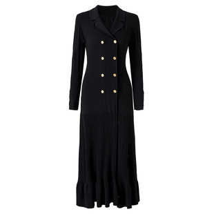 跨境长款西装领长裙长袖双排扣收腰中东风加长鱼尾针织连衣裙热卖