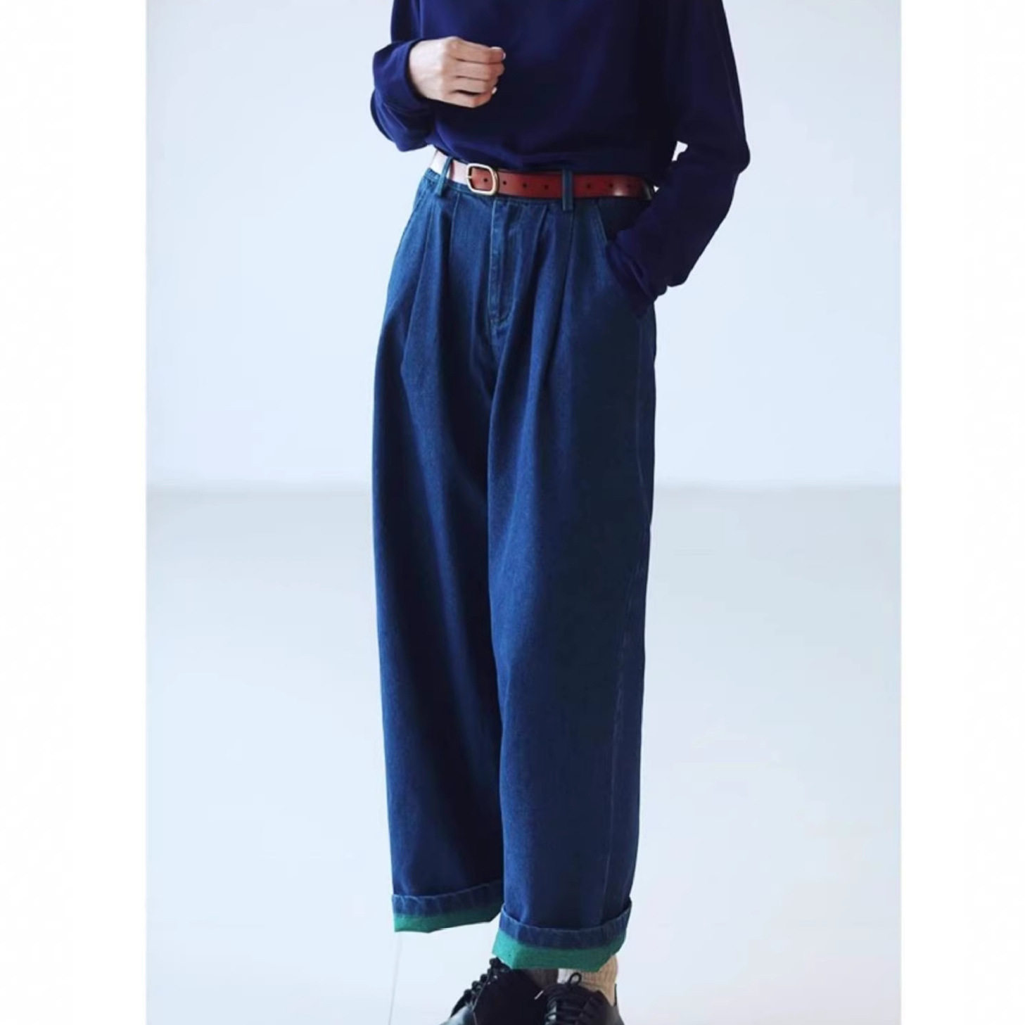 2026牛仔休闲老爹裤女双色牛仔裤显瘦显腿直宽松直筒阔腿复古百搭