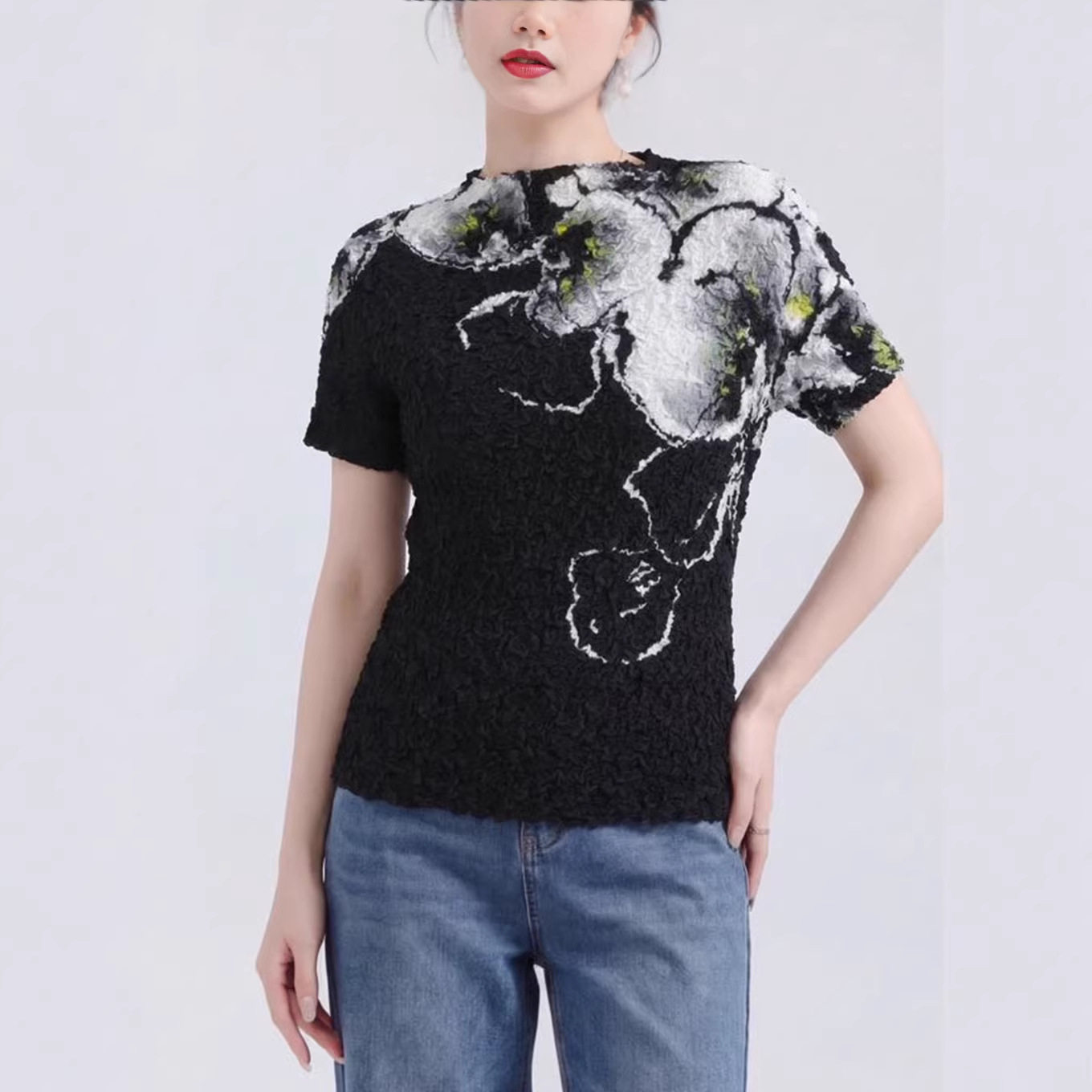 深圳南油高端女装衣服女款夏新款印花弹力显瘦感三宅短袖t恤气质