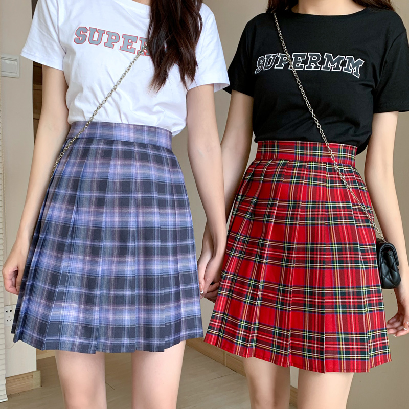 Real photo 2021 college style versatile high waist pleated Plaid student skirt