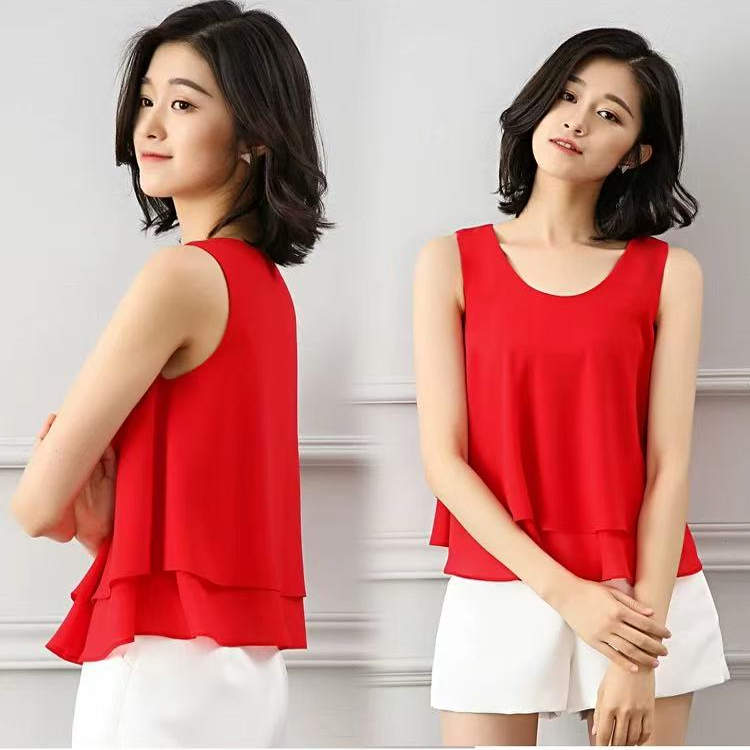 2025年新款夏季雪纺吊带小背心女外穿红色白色无袖百搭圆领上衣