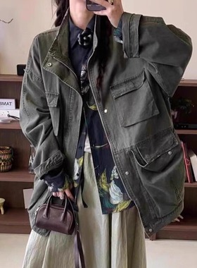 主角秋季新款美式复古高级感洗水宽松工装牛仔中长外套#81332