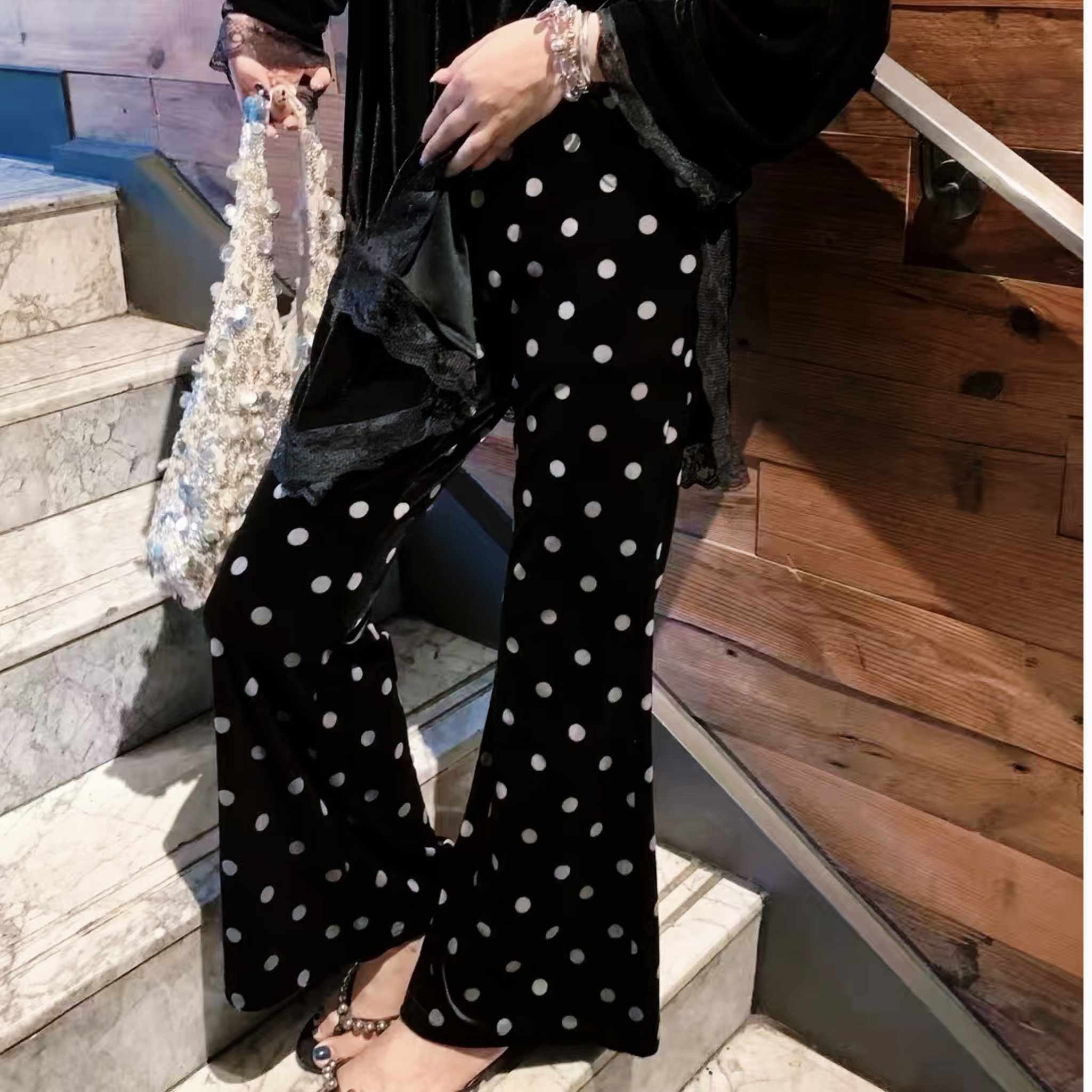 百搭丝绒松紧腰微喇9分裤ins