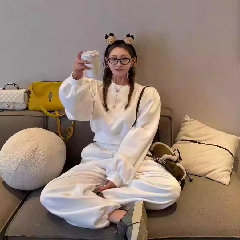 财神GOD加绒泡泡袖短款卫衣套装