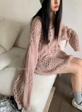 FOURSEVEN 韩国东大门秋季新款镂空宽松慵懒风毛衣女中长款针织衫