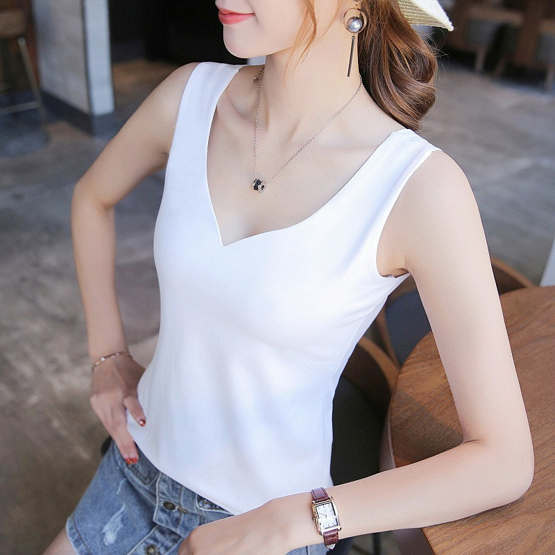 纯棉桃心V领小背心吊带女士百搭无痕修身显瘦春夏内搭打底衫纯色