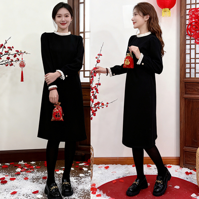 2025韩版时尚百搭连衣裙简约气质休闲加绒加厚裙子8633