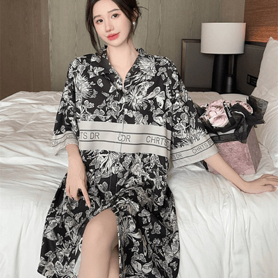 网红感冰丝黑金蝴蝶睡裙女夏款宽松可外穿中长款衬衫睡衣裙