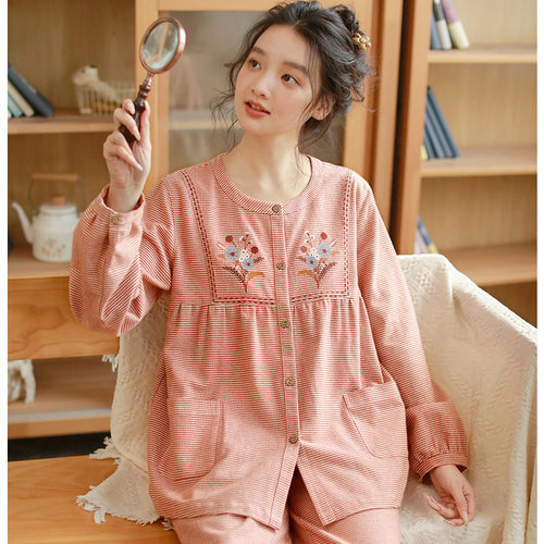 秋季睡衣女新款纯棉磨毛感女士刺绣全棉磨毛居家秋冬季套装