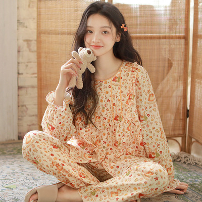 秋季新品纯棉磨毛睡衣女秋冬季甜美卡通印花长袖家居服套装