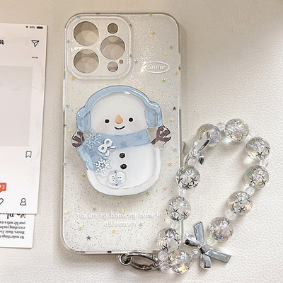 ins风冬季雪人摇摇乐支架适用苹果16promax手机壳iphone17新款15pro女款14日韩卡通12闪粉16水晶挂链全包软壳