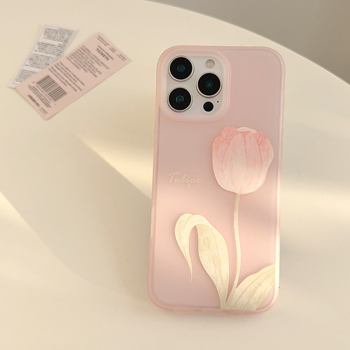 温柔小清新油画粉色郁金香适用苹果16promax手机壳iphone13新款15pro女款14透粉ins韩系少女11全包软壳磨砂