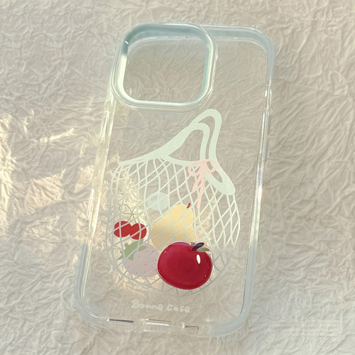 小众ins旋转水果购物袋插画适用苹果16promax手机壳iphone17新款15pro男女款14创意简约11全包软壳16透明清新