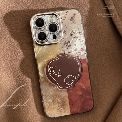 新中式复古高级感适用苹果16promax手机壳iphone17新款15pro女款14美拉德棕色花瓶支架12带镜头膜11全包硬壳