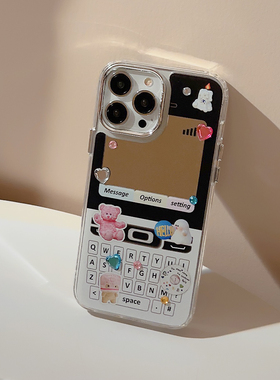 电镀镜面y2k电话机适用苹果17手机壳复古可爱贴纸小熊iphone14pro max补妆镜12网红ins风16少女14彩钻diy13