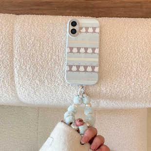 蓝粉色费尔岛风适用苹果17promax手机壳iphone16新款15女款14日韩风可爱兔子13防摔12全包保护套17少女心挂链