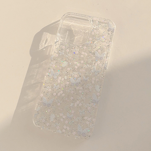 少女小清新11闪粉全包硬壳 14早春季 ins清透感紫色蝴蝶小碎花适用苹果17promax手机壳iphone16新款 15pro女款