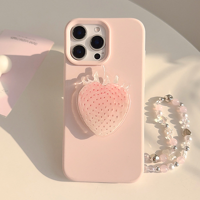 少女心小众ins粉色草莓支架适用苹果16promax手机壳iphone17新款15pro女款14简约纯色11全包硅胶16软壳带挂链