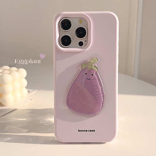 ins少女日韩立体茄子适用苹果16promax手机壳iphone17新款15pro女款14创意diy贴片12小众挂绳16plus全包软壳
