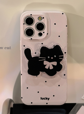 韩国ins波点猫咪支架适用iphone17pro max手机壳16苹果14小众卡通12新款11保护套13女苹果15全包xr亮面菲林软
