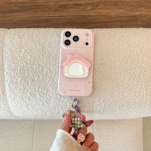 韩系ins风粉色小房子17适用17pro苹果17ProMax手机壳iPhone16镜面支架14新款16Promax保护套15少女13软壳11
