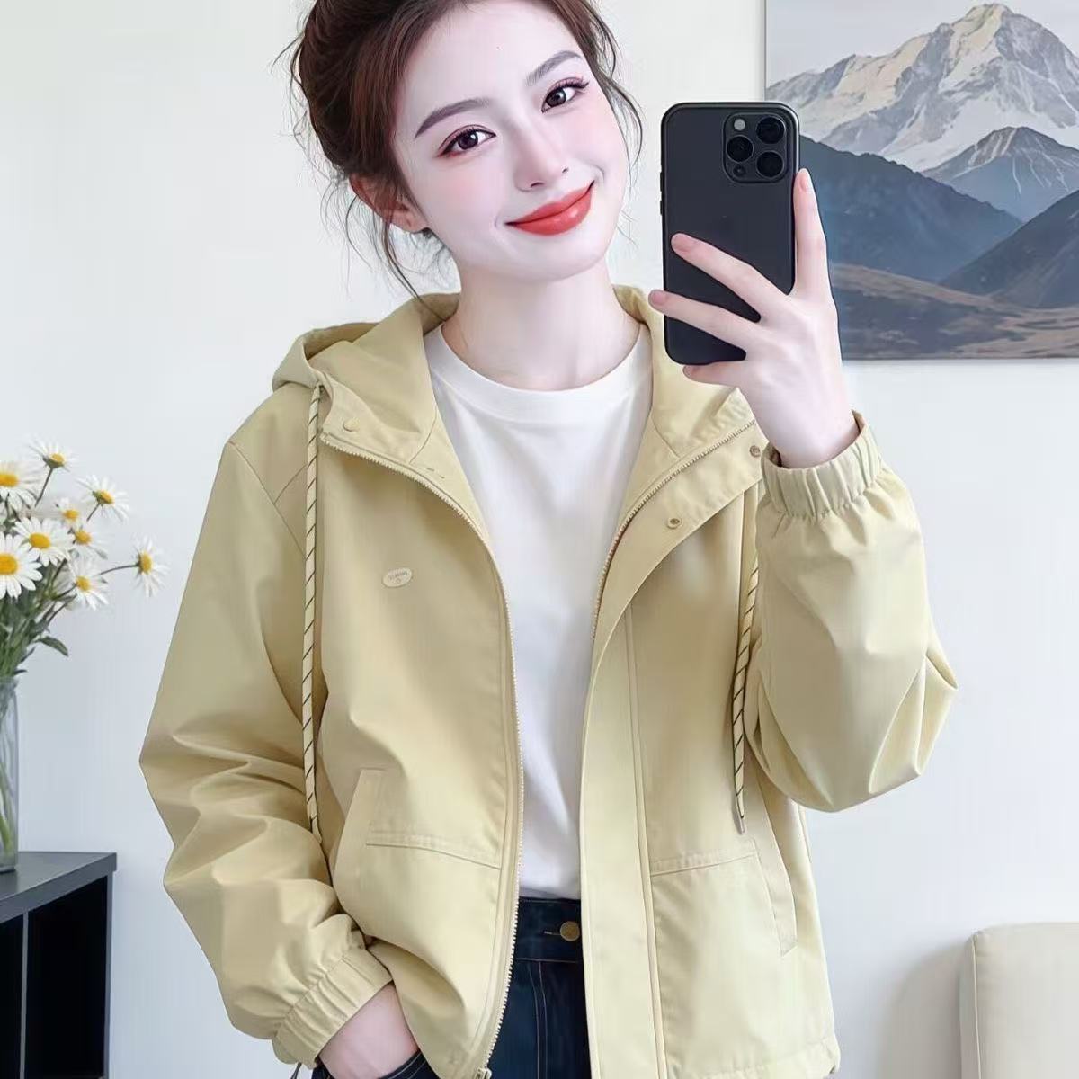 春秋新款小个子连帽短外套时尚宽松百搭休闲夹克女上衣