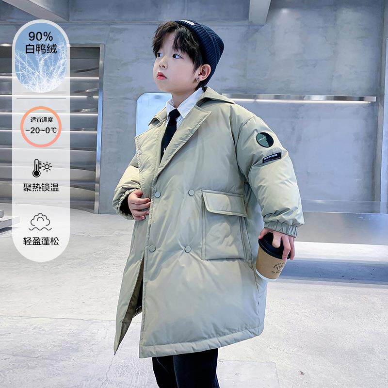 长款过膝西新装领标白鸭绒儿童绒服冬装2025新款男羽大童风衣外套