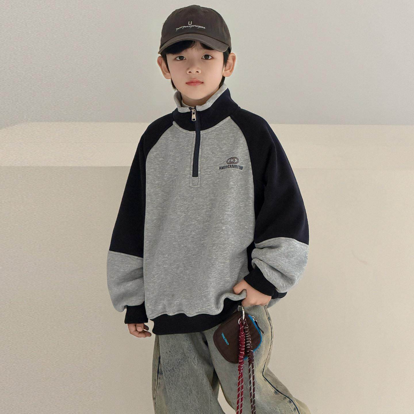 男童拼色卫衣立童领韩半拉链版上衣大儿秋冬款加绒加厚套头衫跨境