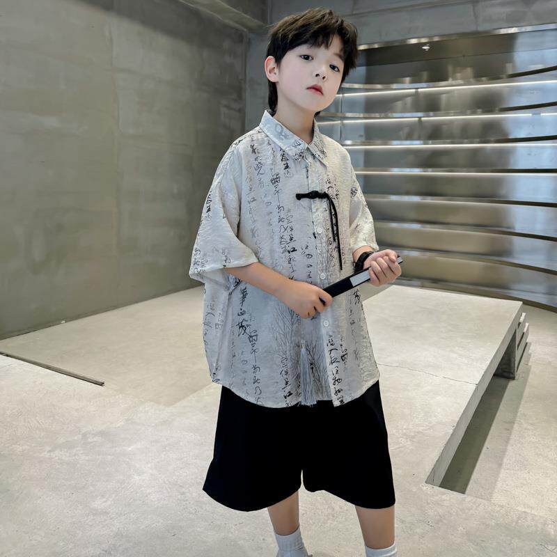 男童夏季汉2025新童款服儿古风唐装男孩中式国风大童短袖衬衫套装