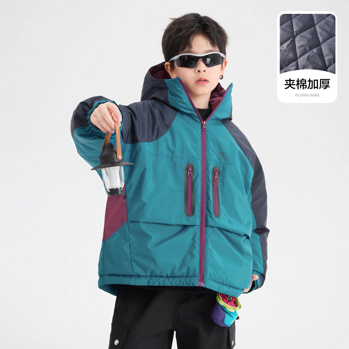 童冬季撞加厚连帽冲色锋衣棉服男2025新款儿童装冬装防水棉袄外套