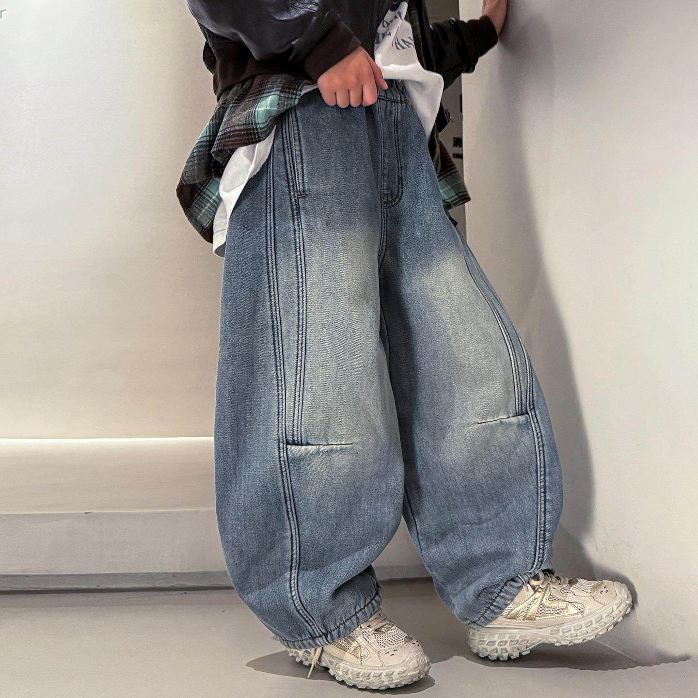 外贸男童加绒牛仔裤秋冬季中大加儿童弯刀厚裤时尚宽松直筒裤