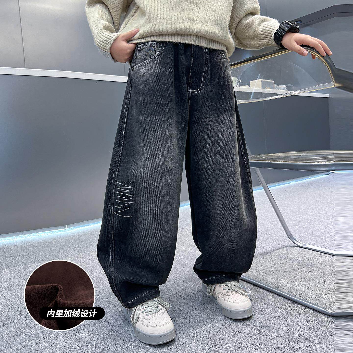 外贸加绒牛仔裤秋冬款男孩时童髦宽松直筒裤个性百搭潮男范休闲裤