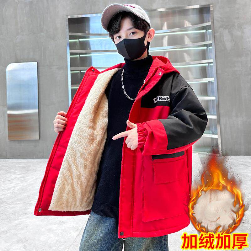 红色中大童棉服装男童棉衣加厚派克冬季新款外套羽绒2023儿童加绒