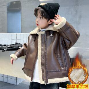 外套冬装装男童加厚潮秋冬皮衣2023男孩大童儿童冬季夹克加绒新款