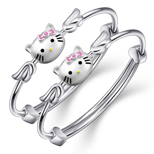 宝宝银手镯s925银饰品猫咪小孩手镯女白银手镯婴幼儿童镯满月礼物