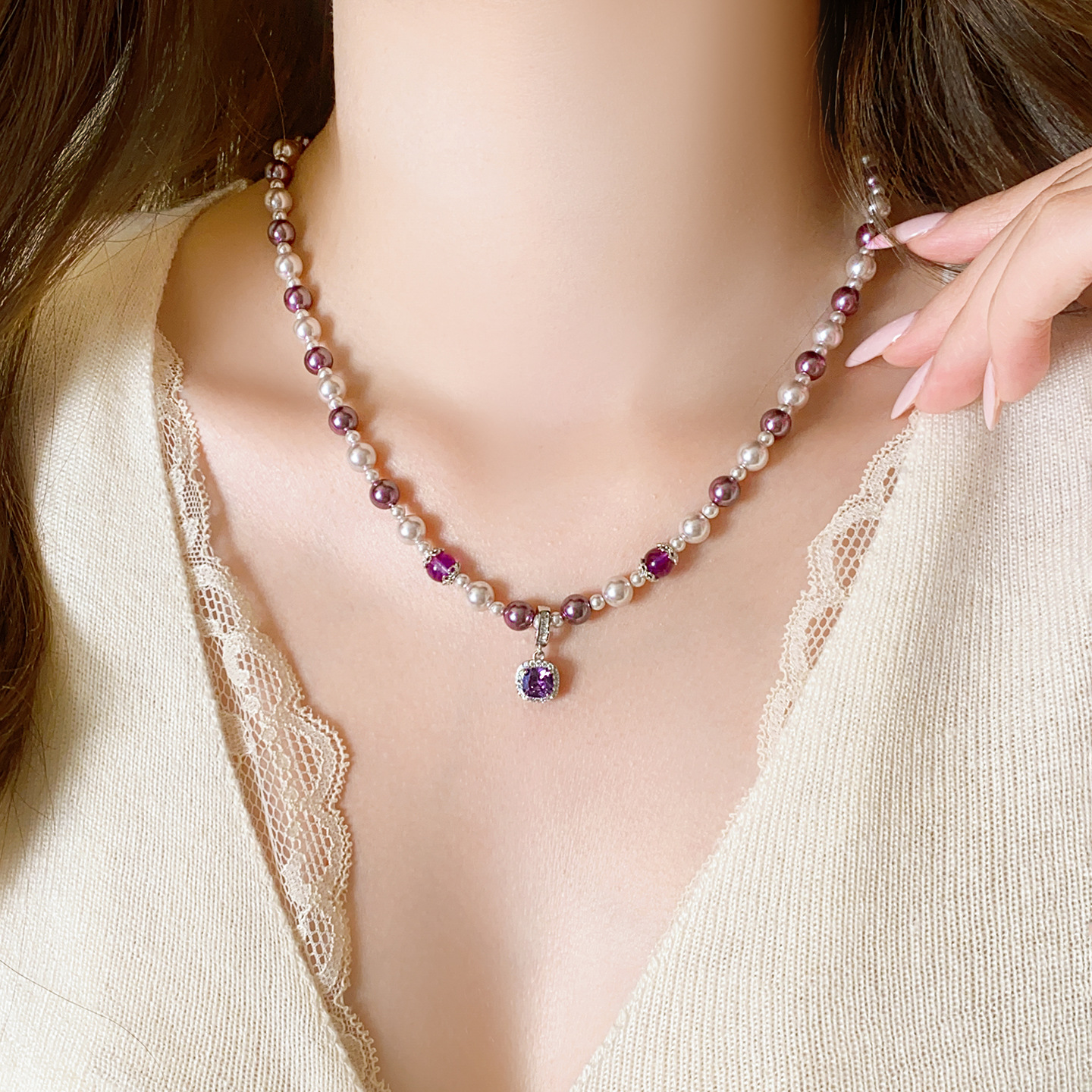 曼塔玫瑰色施家珍珠气泡方糖项链气质网红毛衣链轻奢网红小众颈