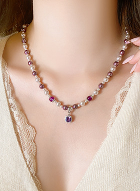 曼塔玫瑰色施家珍珠气泡方糖项链气质网红毛衣链轻奢网红小众颈