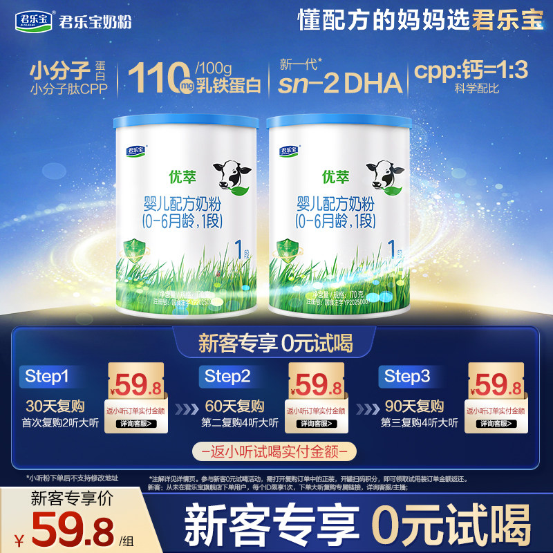 【百补】君乐宝优萃170g*2罐0-6个月1段婴儿配方试用装牛奶粉一段