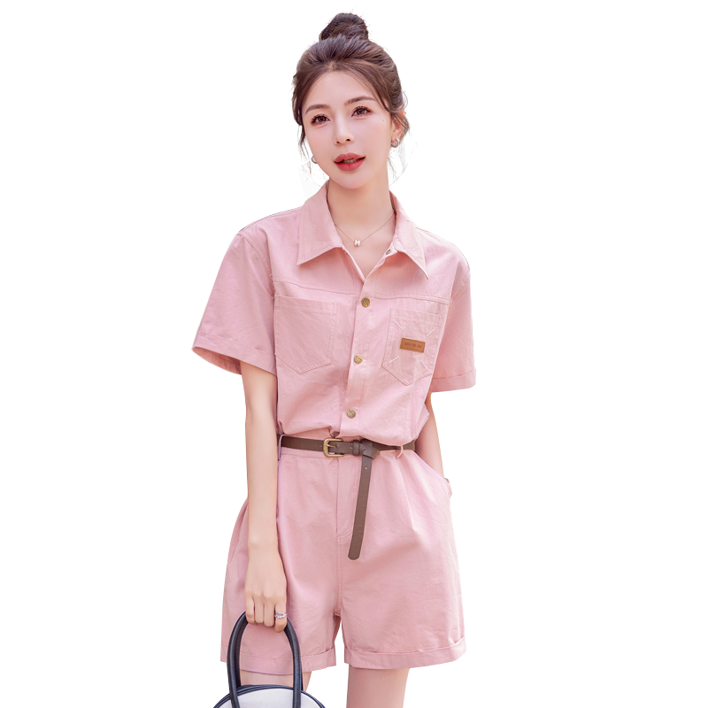 工装粉色连体裤女夏季新款收腰显瘦韩系小个子休闲减龄连衣短裤,女装连体裤,新风尚