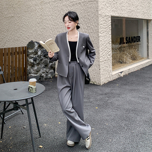 灰色西装套装女2025新款春季高级感洋气时尚时髦气质阔腿裤两件套，女装套装/套裙，新风尚