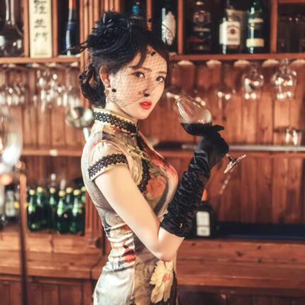 复古夜上海旗袍遮面纱舞台演出晚礼服小礼帽网纱花朵造型发饰女