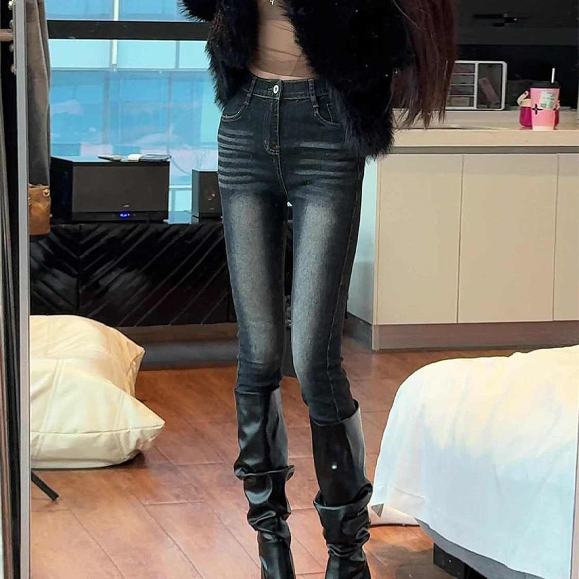 复古磨白牛仔裤女韩版2026春季高光小脚裤辣妹高街修身显瘦铅笔裤