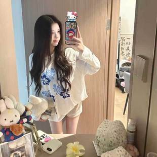长袖 印花薄款 宽松显瘦中长款 百搭防晒罩衫 T恤气质白色上衣 女夏季