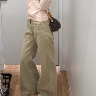 复古美式卡其色高腰牛仔裤女2026春季韩版新款高街阔腿微喇长裤子