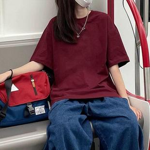 chic港味酒红色纯棉落肩女T恤短袖 宽松小个子体恤上衣 夏 2025新款