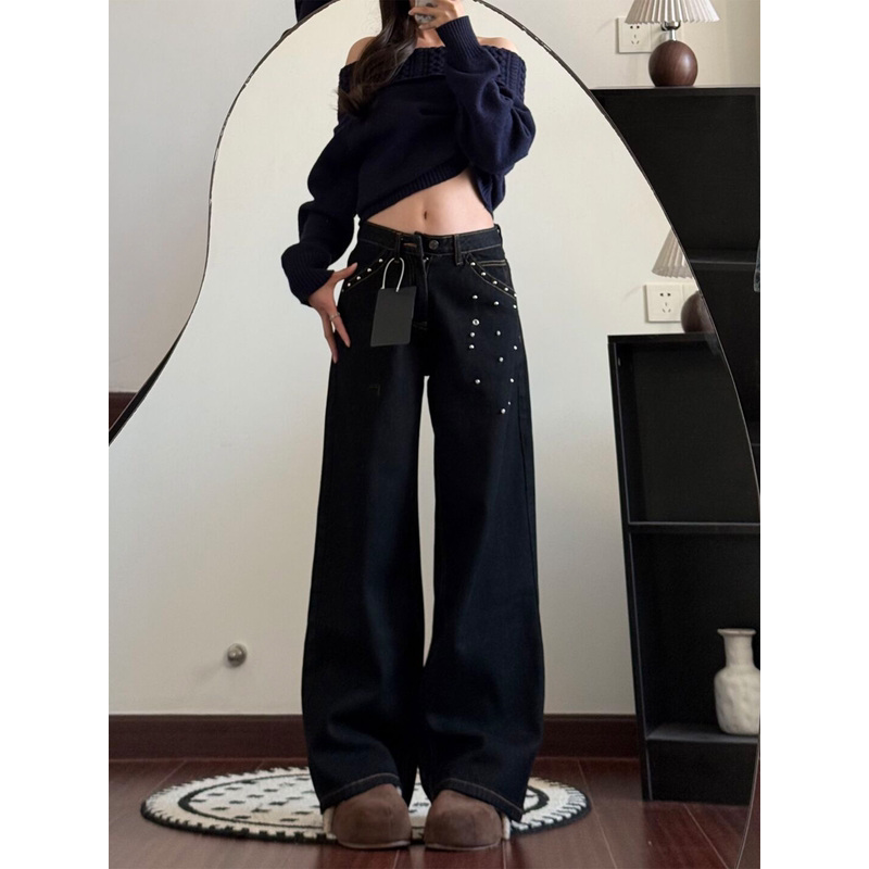 复古口袋铆钉阔腿牛仔裤女2026新款慵懒风高腰显瘦百搭拖地长裤潮