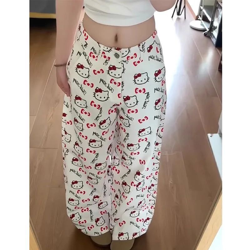 2025秋印花KT猫窄版直筒牛仔裤女辣妹街头修身显瘦宽松阔腿拖地裤