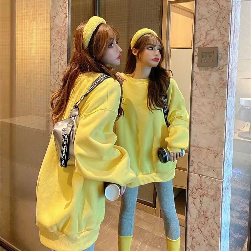 炸街无帽圆领加绒卫衣女宽松韩版慵懒风潮ins黄色长袖2024秋冬款